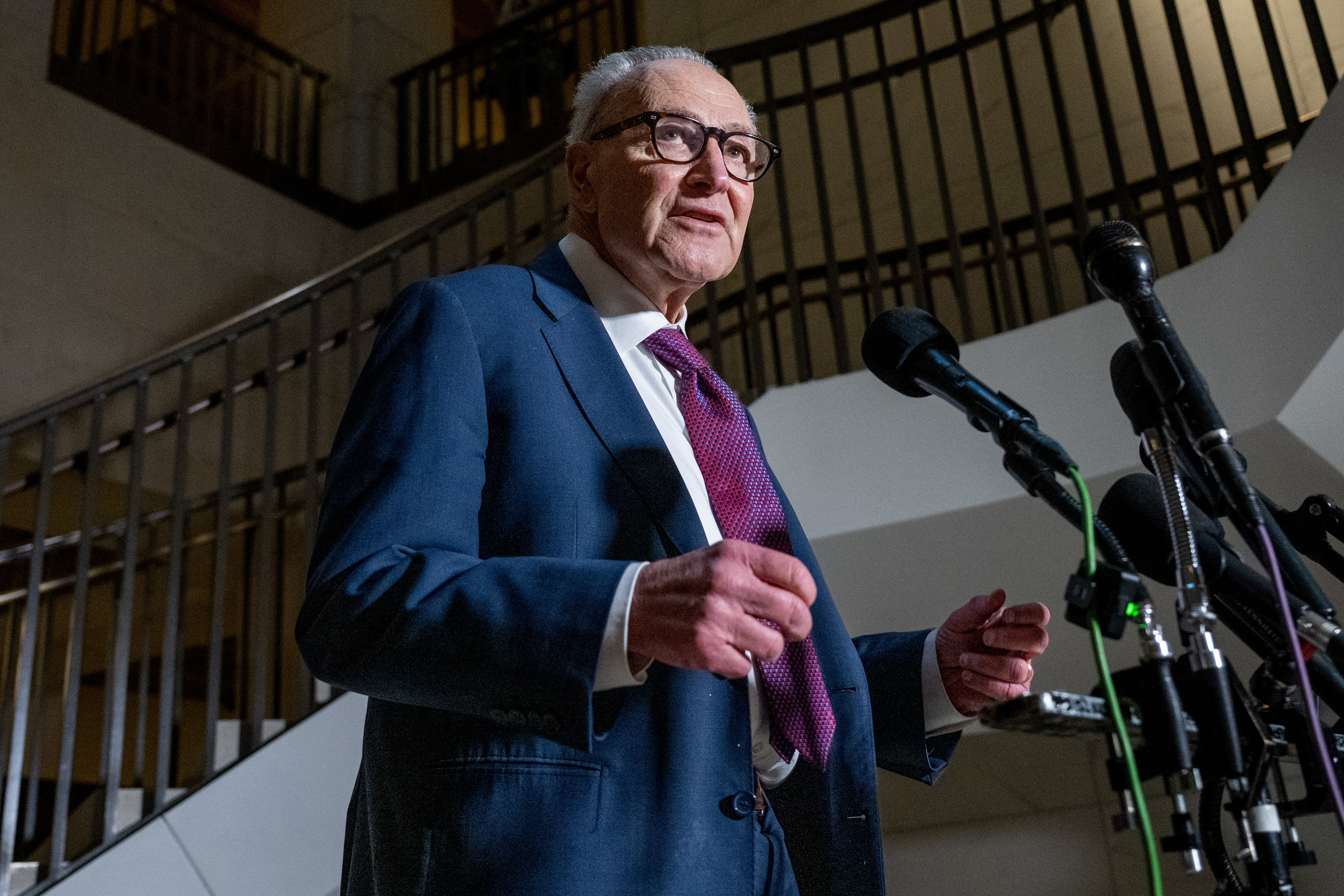 Senate Minority Leader Chuck Schumer, a Democrat from New York, speaks to members of the media outside a Gang of Eight briefing on Capitol Hill in Washington, DC, US, on Monday, March 2, 2026. Secretary of State Marco Rubio said the US military would step up its military attacks against Iran, a stark warning after two days of strikes across the country that the Trump administration says took out its leadership targeted its ballistic-missile program. Photographer: Daniel Heuer/Bloomberg via Getty Images