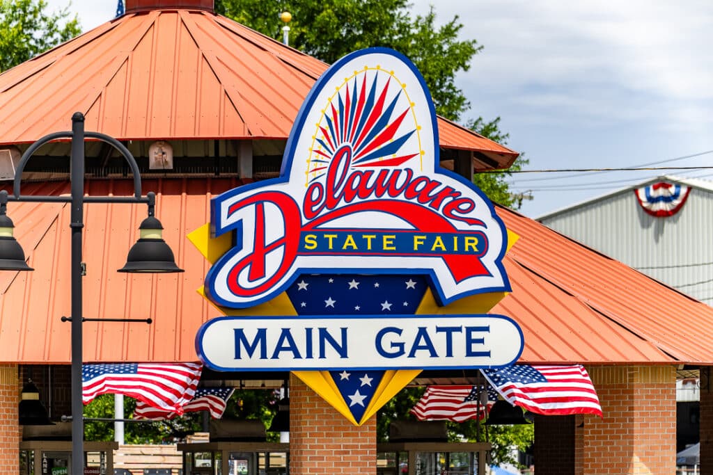 The main gate welcoming people into the Delaware State Fair.