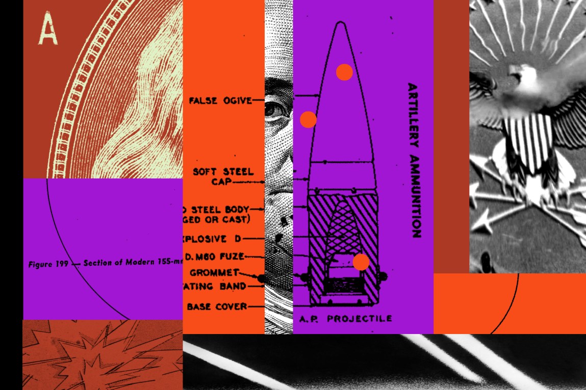 A grid of images including a diagram of artillery, the Department of Defense logo and explosive shapes. They are overlaid with bright purple and orange colors.