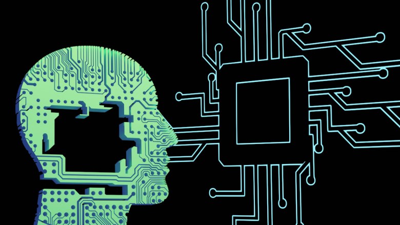 A digital rendering pictures a human head with a missing puzzle piece to be solved by a computer algorithm.