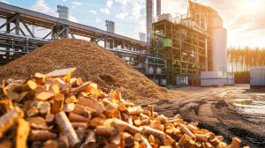 a biomass power plant surrounded by stacks of wood chips and other organic materials utilizing biomass energy to produce sustainable electricity renewable energy s