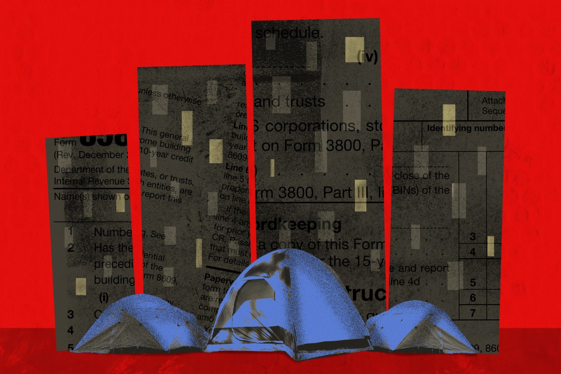 Three tents sit in front of four buildings textured with the Low-Income Housing Tax Credit IRS form. The majority of the buildings’ windows are dark.