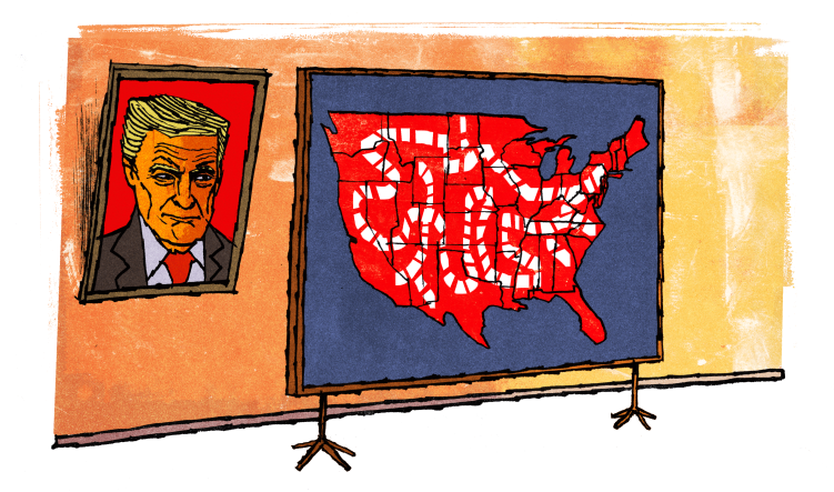 An illustration features a framed portrait of a man in a suit on the left hanging next to a large display board showing a red map of the United States crisscrossed with white dotted paths.