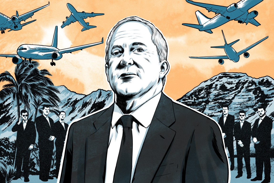 An illustration depicts a man in a suit in the foreground, flanked by groups of security guards in suits, with commercial airplanes in flight above mountains and tropical trees in the background.