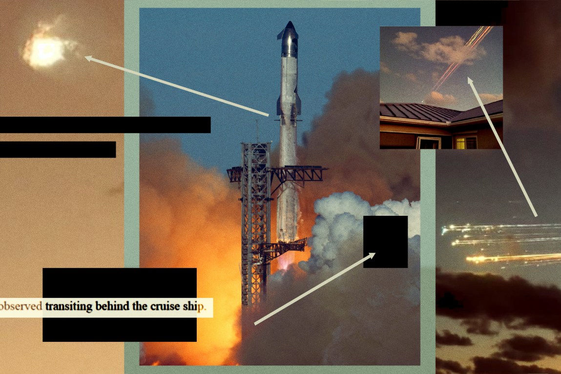 A collage of rockets about to launch, sparks of light in the sky, black boxes, arrows and text that reads “observed transiting behind the cruise ship.”