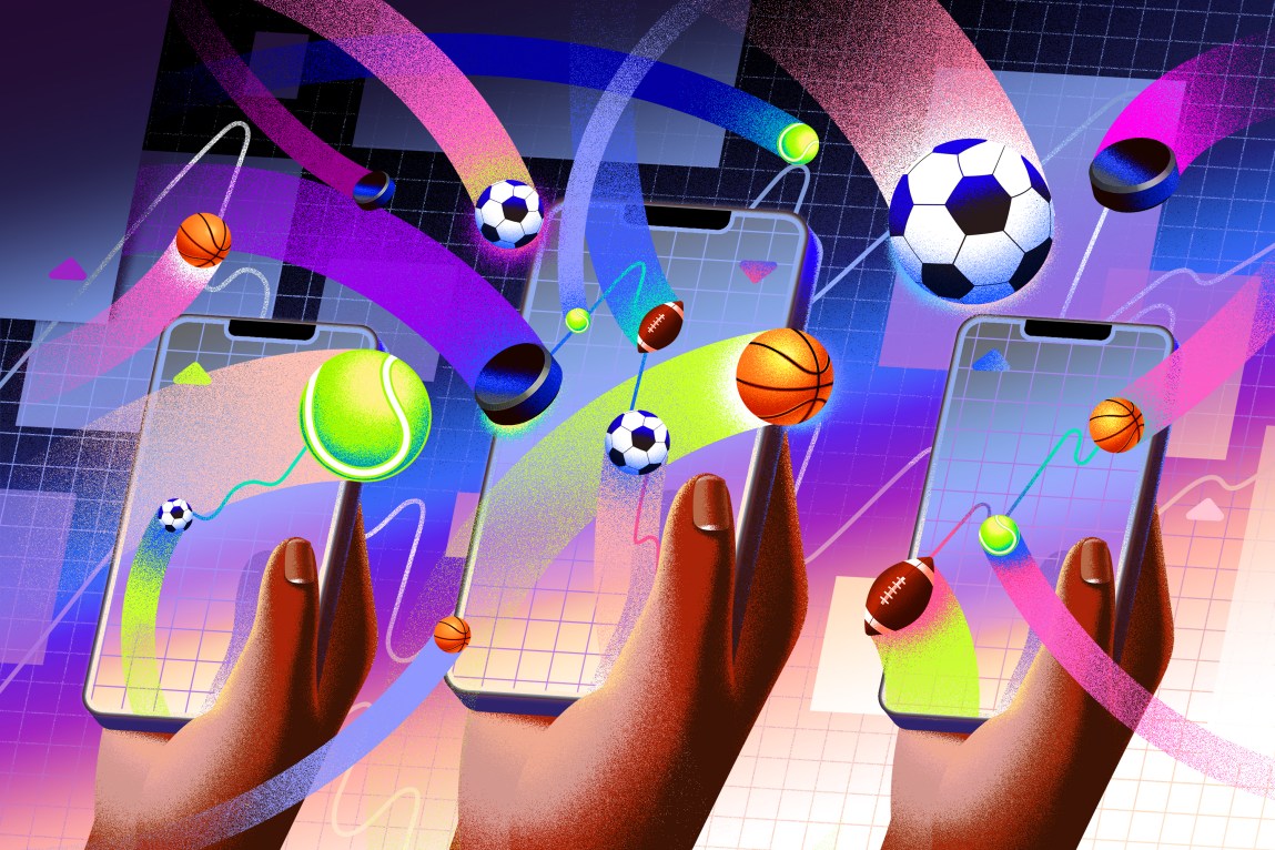 Three hands hold phones with line charts. Various sports balls fly around the screens and hands.