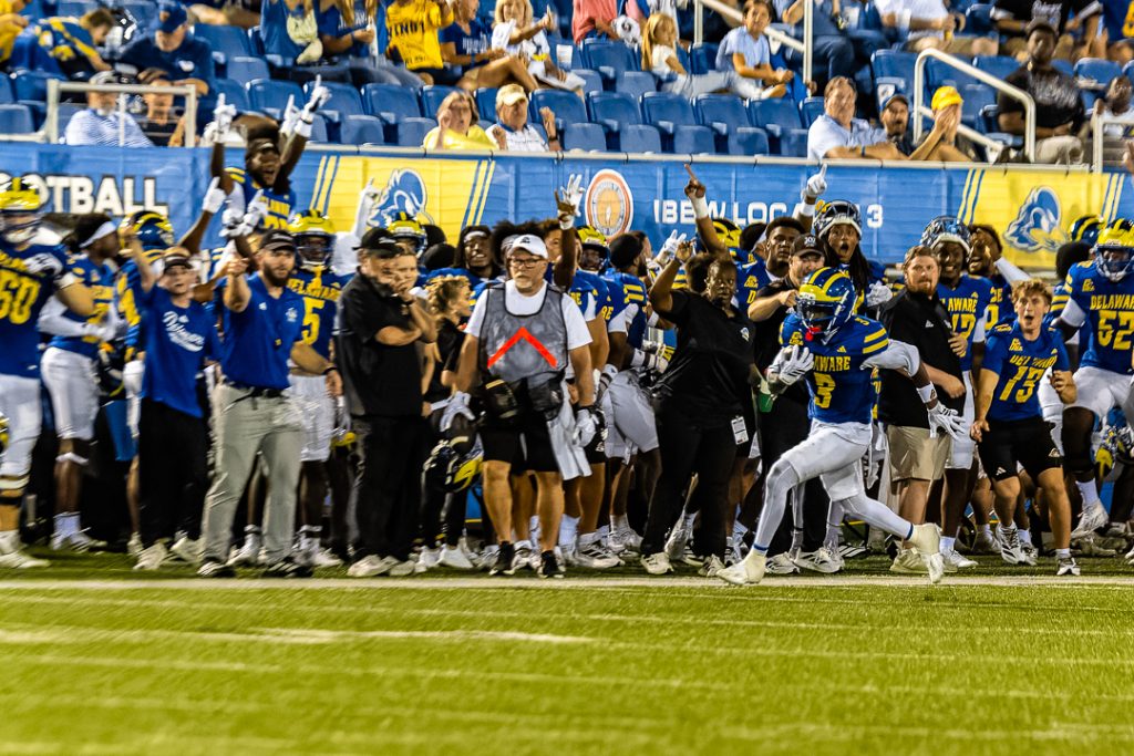 UD running back Kaderris Roberts runs down the right sideline in the Fightin' Blue Hens, 42-7, win over Merrimack. Photo Credit: Dave Reeder. 