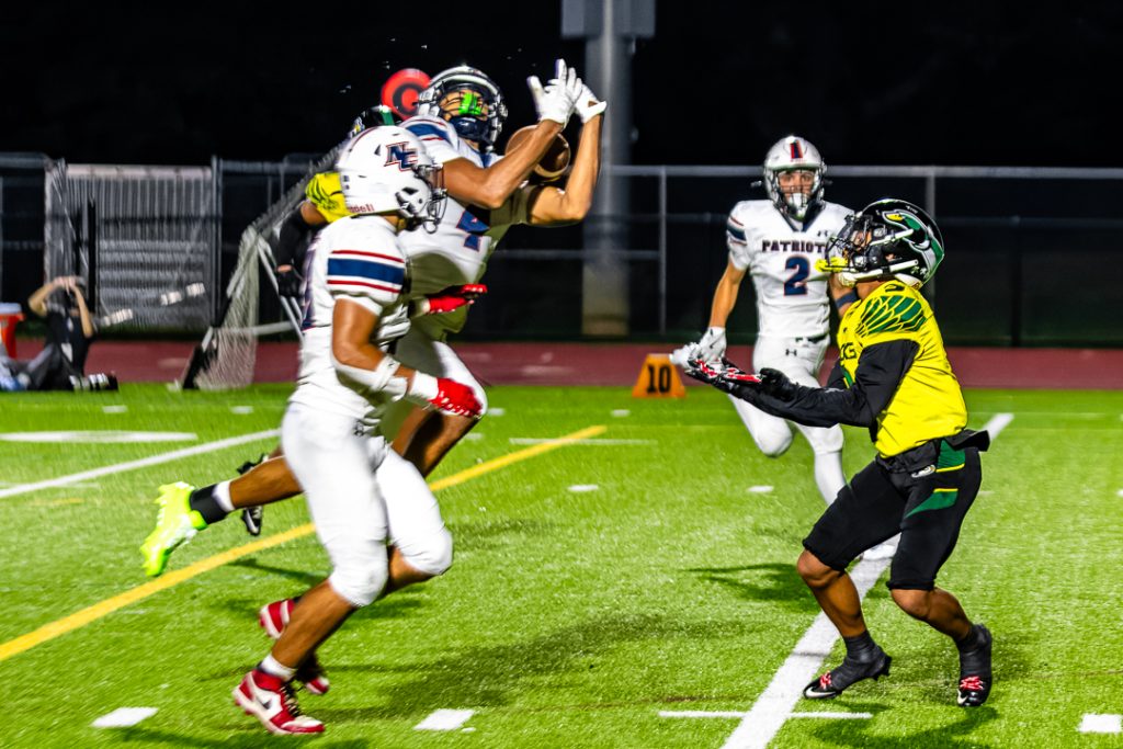 Newark Charter senior defensive back Cayden Anderson intercepts the pass and gives possession back to the Patriots. This was one of two interceptions for Newark Charter in the game.