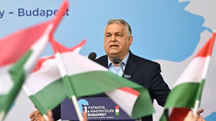 Hungarian Prime Minister Viktor Orban addresses a rally, with Hungarian flags waving in the foreground