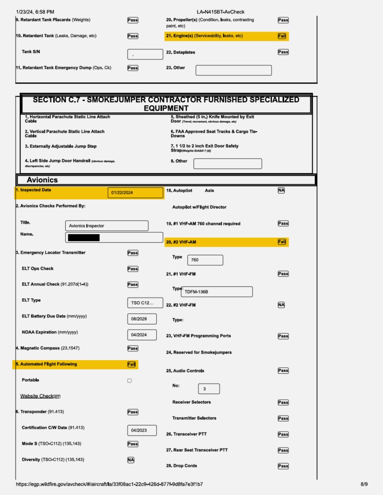 A redacted airworthiness inspection form for a wildland firefighting aircraft, referenced under the “LA-N415BT-AvCheck” header. The form displays safety compliance checks across several sections, including general mechanical components, specialized smokejumper equipment and avionics systems. There are four items highlighted in yellow that received a “fail” status.