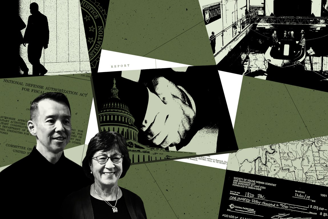 A collage illustration that conveys the concept of secretive deals involving political figures. In the lower left corner, a man and woman smile in a posed photo op; in the top left corner the silhouette of a man in a suit is walking; in the center, hands are clasped in a handshake while looming over the U.S. Capitol building; a check made out to a political super PAC is seen in the bottom right corner; and in the top right, there is a group of people staging another photo op in a small boat.