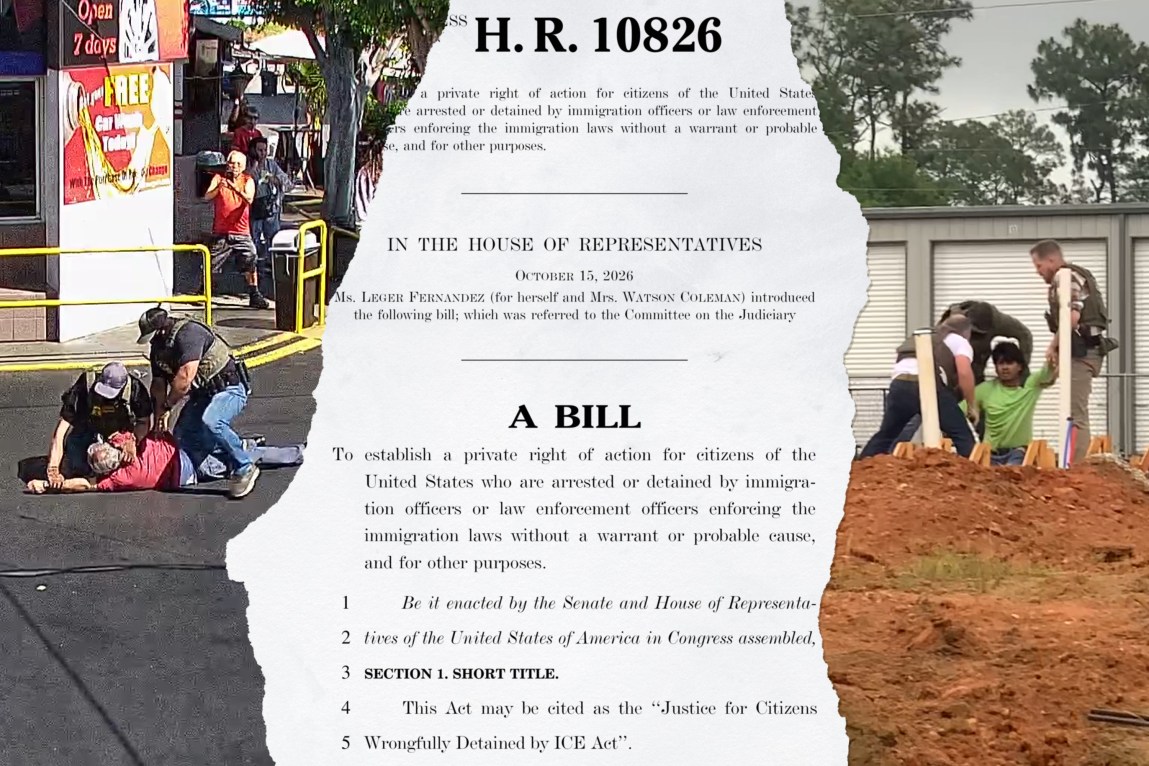 A photo collage showing law enforcement officers detaining individuals on either side of a torn document  showing a little bit of text from a bill titled the 