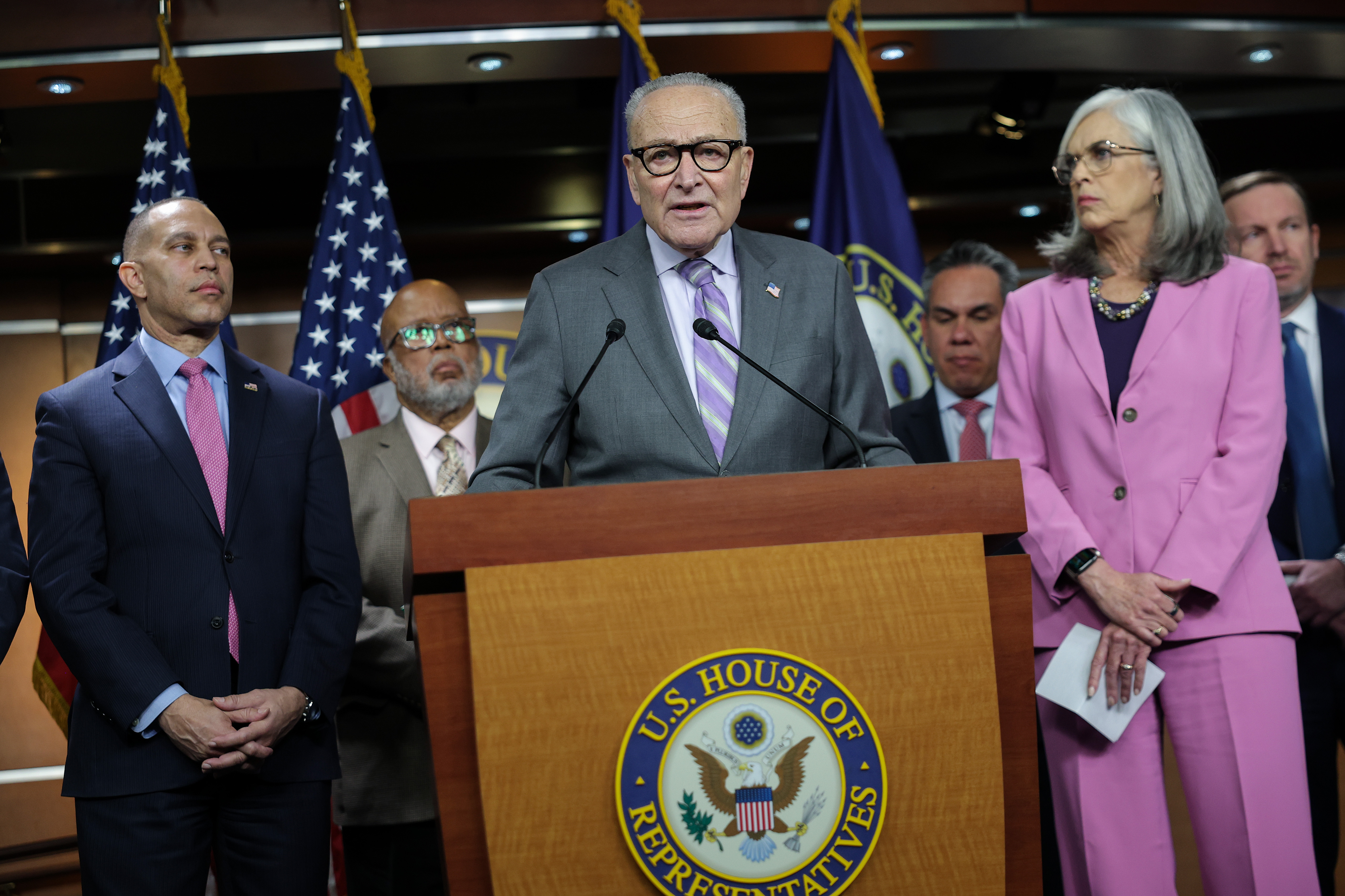 WASHINGTON, DC - FEBRUARY 04: U.S. Senate Minority Leader Chuck Schumer (D-NY), joined by House Minority Leader Hakeem Jeffries (D-NY) and fellow congressional Democrats, speaks at a press conference on Department of Homeland Security (DHS) funding at the U.S. Capitol on February 04, 2026 in Washington, DC. The Democratic leadership outlined their demands for ICE accountability as Congress debates funding legislation for the DHS ahead of next week's deadline. (Photo by Kevin Dietsch/Getty Images)