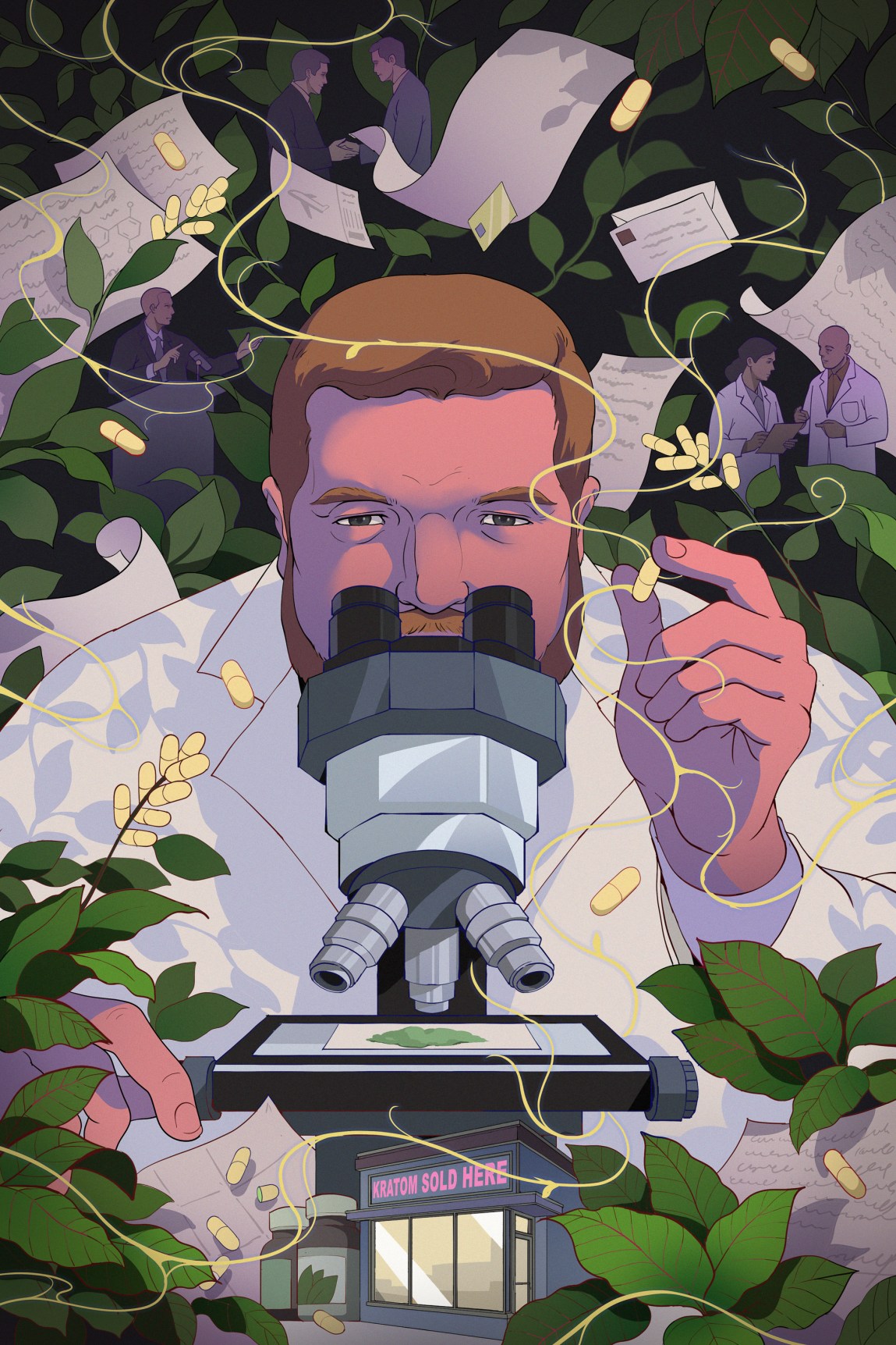 An illustration shows a bearded man looking at a microscope while holding a yellow pill in one hand. Surrounding him are images of a man in a suit, researchers in lab coats, and yellow pills growing on lush green plants.