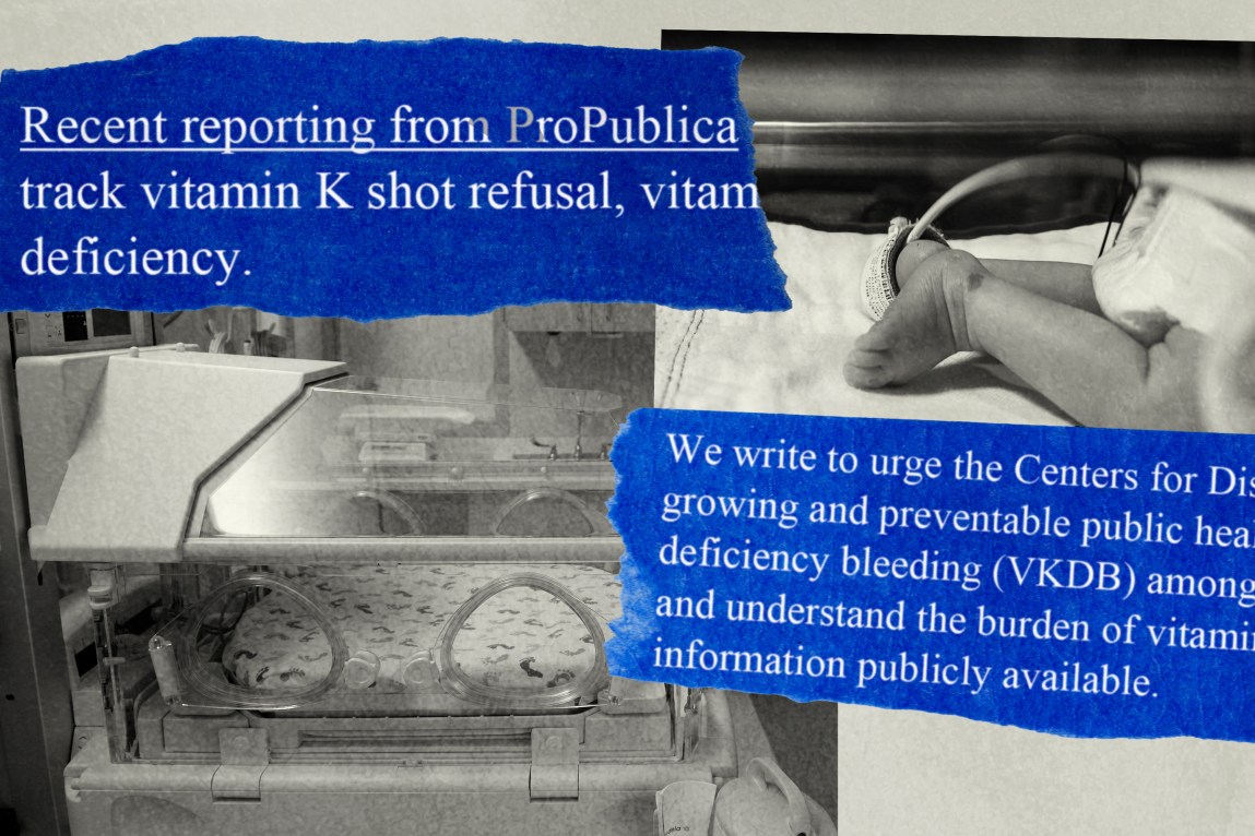 A collage layers blue torn paper snippets over black-and-white images of an empty infant incubator and a newborn’s feet. The top snippet reads, in part, “Recent reporting from ProPublica … track vitamin K shot refusal.”