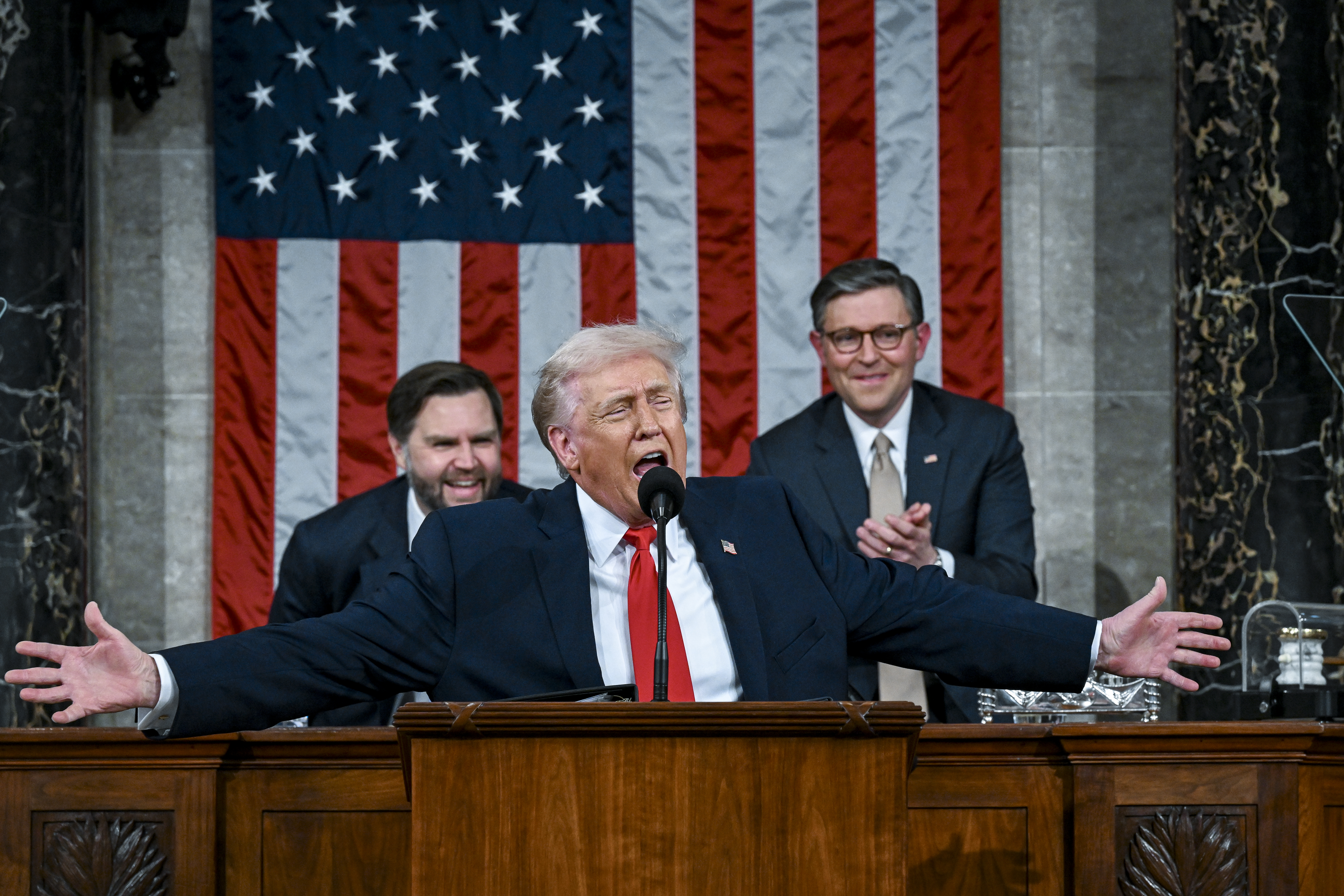 WASHINGTON, DC - FEBRUARY 24:  U.S. President Donald Trump delivers the State of the Union address during a joint session of Congress in the House Chamber at the Capitol on February 24, 2026 in Washington, DC. Trump delivered his address days after the Supreme Court struck down the administration's tariff strategy, and amid a U.S. military buildup in the Persian Gulf threatening Iran. (Photo by Kenny Holston-Pool/Getty Images)