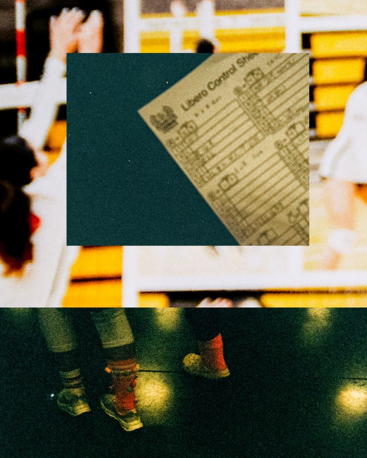 A photo collage featuring an inset of a scoring sheet document in the center, on top of a blurry photo of volleyball players on a court, above a dark image of legs and shoes.