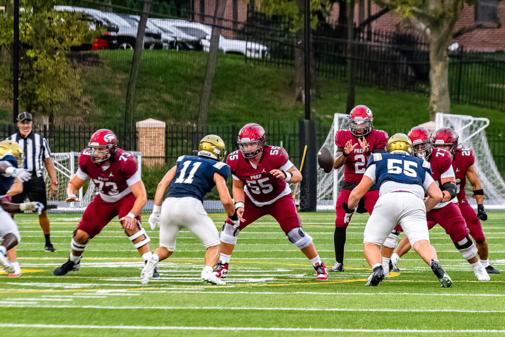 The Salesianum defense lines up against the St. Joseph offense as the ball is snapped.