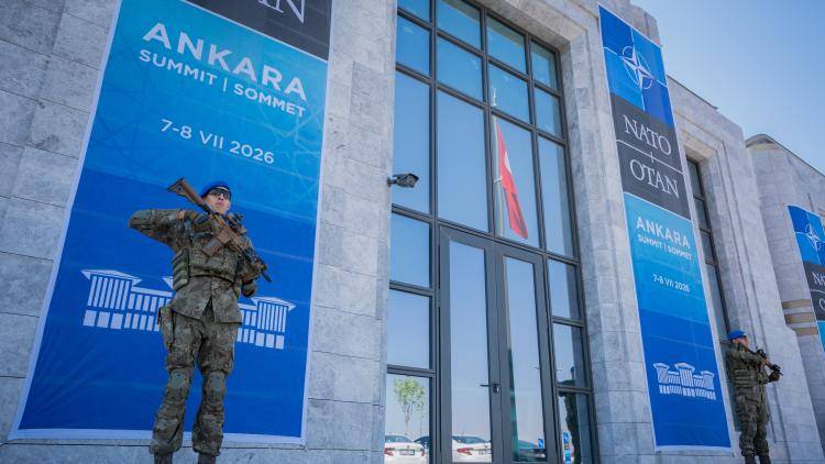 A soldier stands guard at Ay Yildiz Joint Headquarters, Ankara