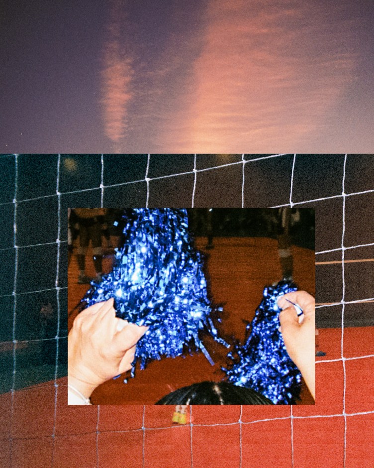 A photo collage including a close-up of a volleyball net, overlaid with an image of two hands shaking blue sparkly pompoms.
