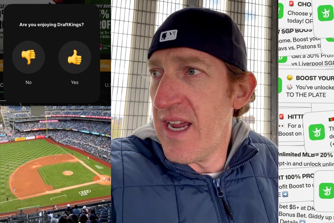 A collage of four photos: a man wearing a backwards baseball cap, a baseball field, a pop up that reads “Are you enjoying DraftKings?” with yellow thumbs up and thumbs down emoji, and a pile of layered phone notifications from DraftKings.