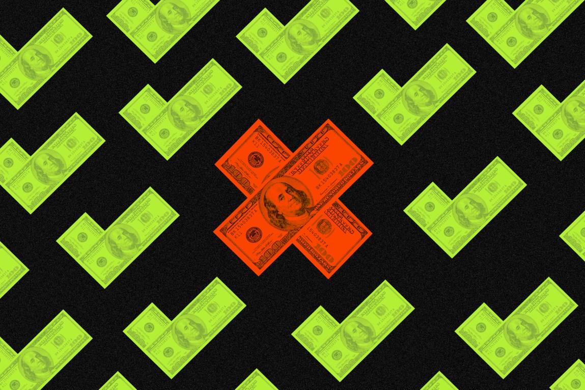 A pattern of green check marks made of hundred-dollar bills surround a red X in the center, also formed of hundred-dollar bills.