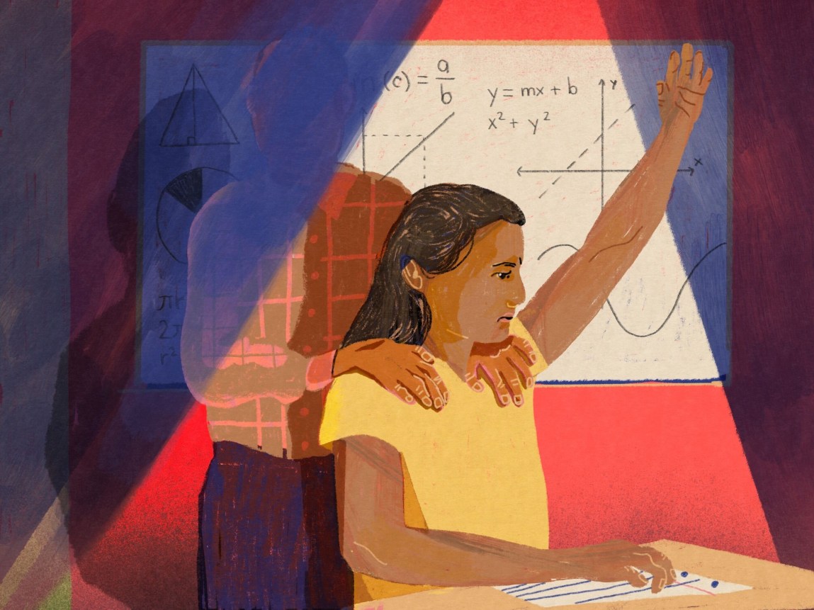 An illustration of a girl sitting at a desk raising her hand, while behind her a man partially in shadow puts his hands on her shoulders. In the background is a chalkboard with equations written on it.