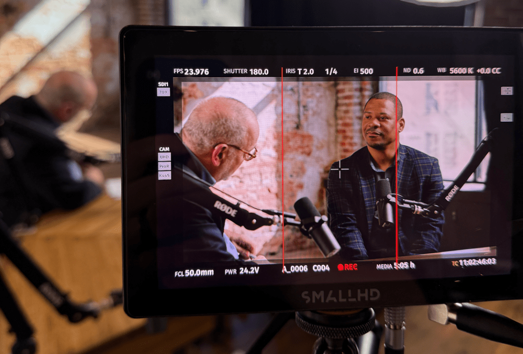 Back-of-camera image of a podcast episode being recorded