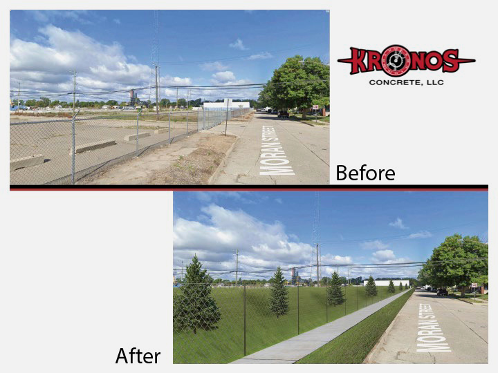 A page from a document that says “Kronos Concrete, LLC” and has two images, labeled “before” and “after.” The before image is a vacant lot that in the after image is instead a grassy, tree-lined hillside.
