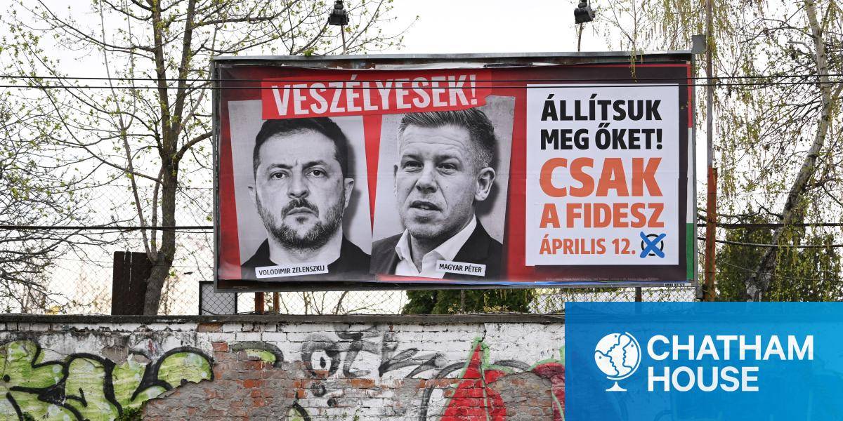 A pro-Orbán election billboard featuring Ukraine's President Volodymyr Zelensky and Peter Magyar. The text reads: 'They are dangerous',(top) and 'Let's stop them, just Fidesz (governor party)'(R). 
