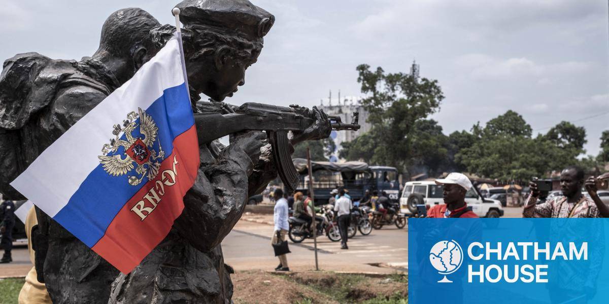 A Russian flag hangs on a monument in Bangui, Central African Republic