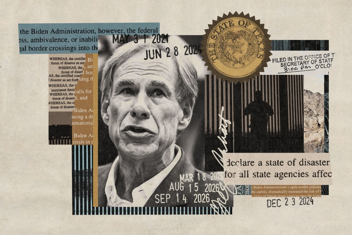 A photo collage featuring a portrait of Texas Governor Greg Abbott surrounded by official state seal stamps, date stamps, border wall imagery, and clips of text declaring a state of disaster.