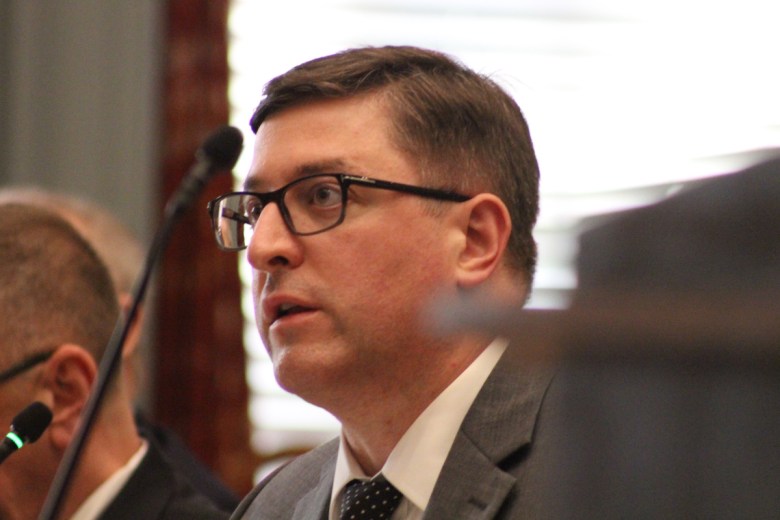 Senate Majority Leader Bryan Townsend testifies during a Senate Executive Committee hearing in May 2024.