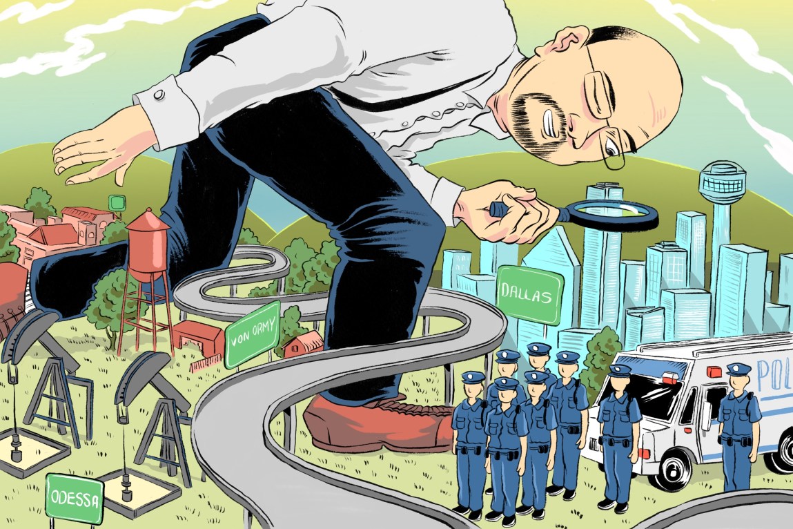 An illustration shows a bald man with a goatee, wearing glasses and a white shirt with blue dress pants. He’s holding a magnifying glass over the skyline of the city of Dallas and police officers while stepping through a maze of highways, oil fields and houses.