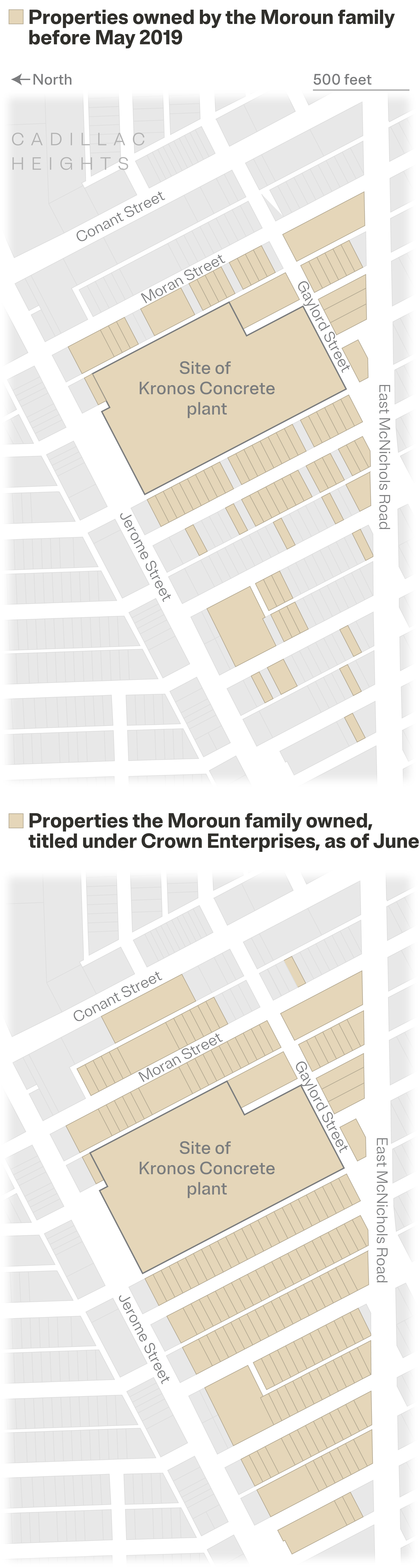 A map showing parcels owned by the Moroun family, through its Crown Enterprises subsidiary, in a section of the Cadillac Heights neighborhood in northeast Detroit. Parcels are colored based on the Moroun family’s  ownership of more than 80 by 2019, when the land-swap deal with the city occurred, and 167 parcels as of June.