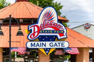 The main gate welcoming people into the 2026 Delaware State Fair.