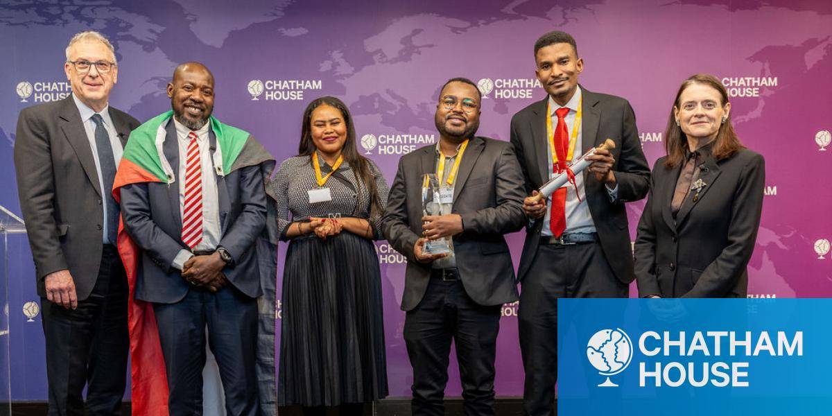 From L-R: Simon Fraser, Alsanosi, Alaa, Kahlid and Bronwen Maddox at the Chatham House Prize 2025 event