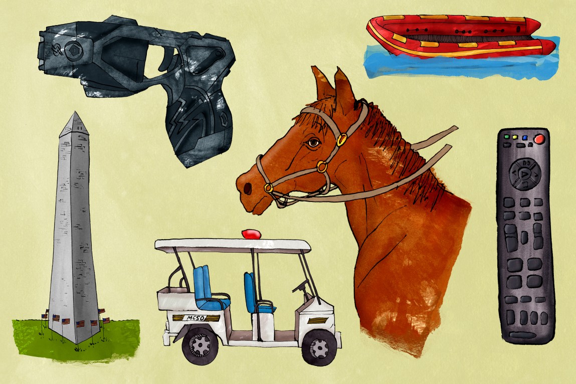 An illustration featuring a collection of distinct items on a pale-yellow background: a black Taser, a red inflatable raft on water, the Washington Monument, a brown horse wearing a bridle, a golf cart with “MCSO” markings and a black remote control.