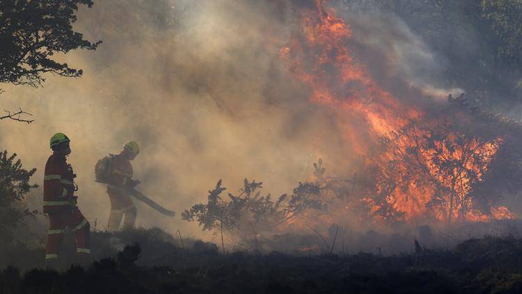 Fire fighters bring a wildfire under control on 30 April 2026 in Bonhill, Scotland. 