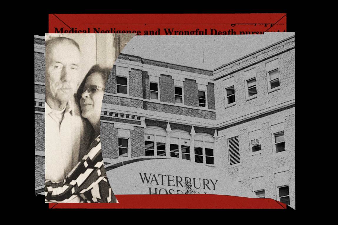 A collage of a photo of a hugging couple over the image of a darkened hospital and excerpt from a malpractice court ruling.
