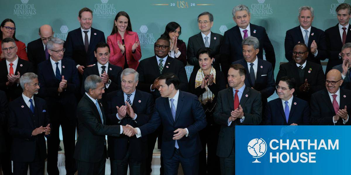 US Secretary of State Marco Rubio shakes hands after posing for a photo with the 55 government officials who were invited to the first Critical Minerals Ministerial on 4 February 2026 in Washington, DC.
