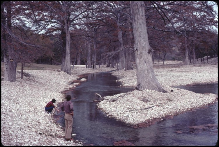 Two individuals stand on the rocky, pale-colored bank of a narrow creek surrounded by a forest of large, mature trees.