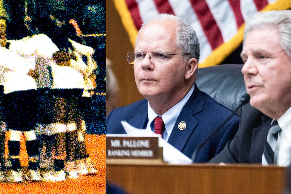 A collage depicting a grainy, scanned film photo of a huddle of a group of teenage volleyball players, next to a photo of two congressmen.