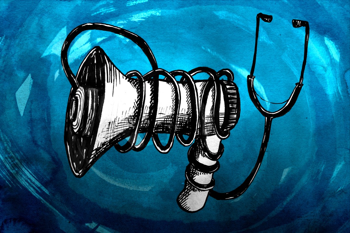 A stethoscope wraps around a megaphone and blocks the opening.