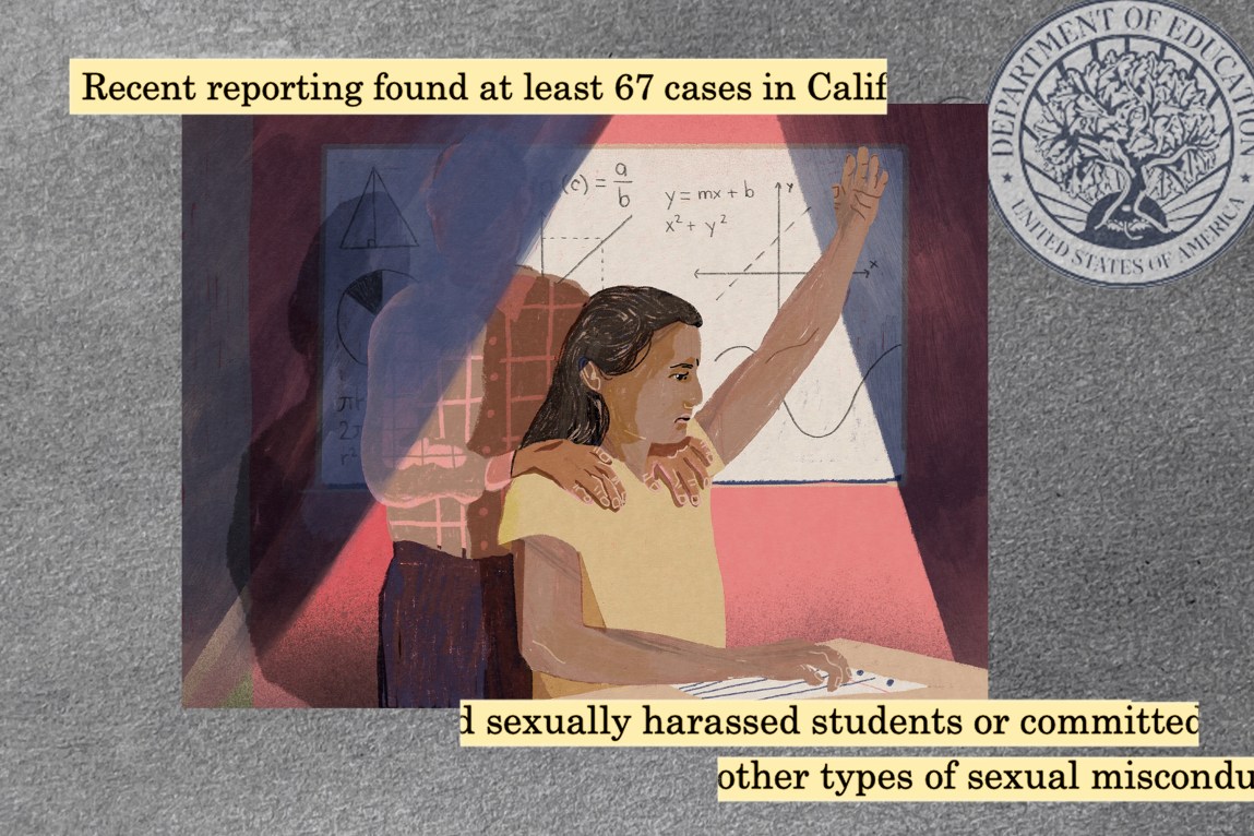 Sections of a document that read, “Recent reporting found at least 67 cases … sexually harassed students or committed other types of sexual misconduct” next to an illustration of a girl sitting in a classroom raising her hand while a man stands behind her with his arms on her shoulders.