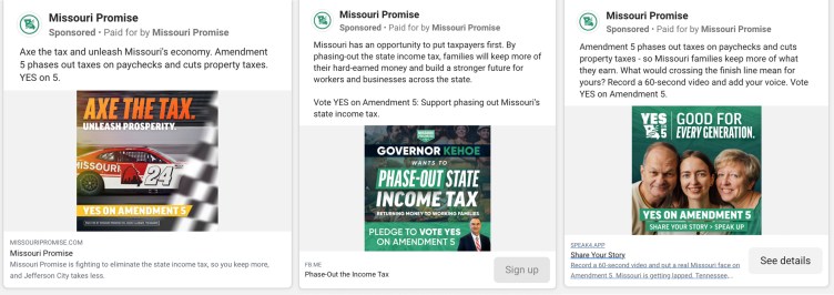 Three Facebook advertisements sponsored by an organization called Missouri Promise. Each ad campaigns in favor of a Missouri ballot measure, urging users to vote “Yes on Amendment 5” to phase out the state income tax and cut property taxes.