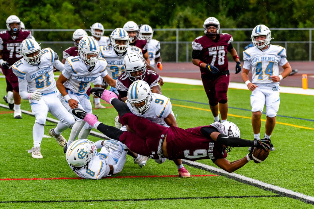 Hodgson junior Ronald Brown reaches for the goal-line to convert on the two-point conversion, giving the Silver Eagles a 8-0 lead.