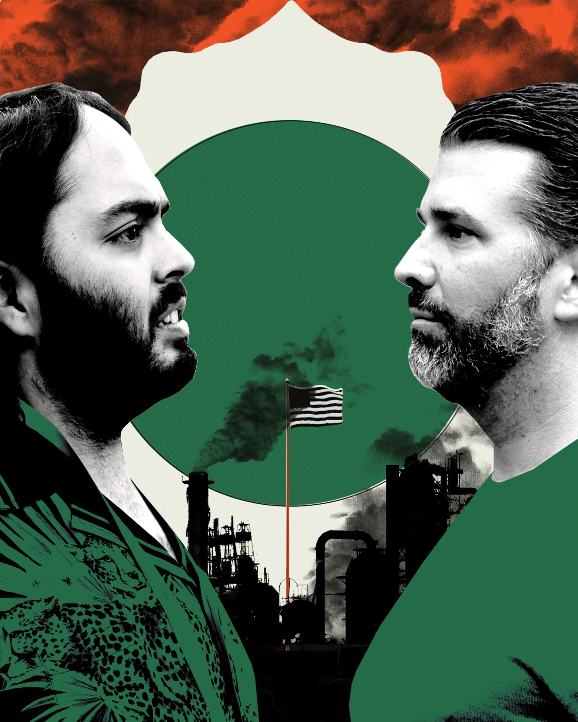 Two men’s silhouettes face each other. They are framed by the silhouette of a refinery, smoke and the American flag.