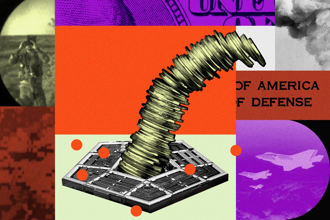 A grid of images including a toppling stack of coins, the Pentagon and fighter jets. They are overlaid with bright purple and orange colors.