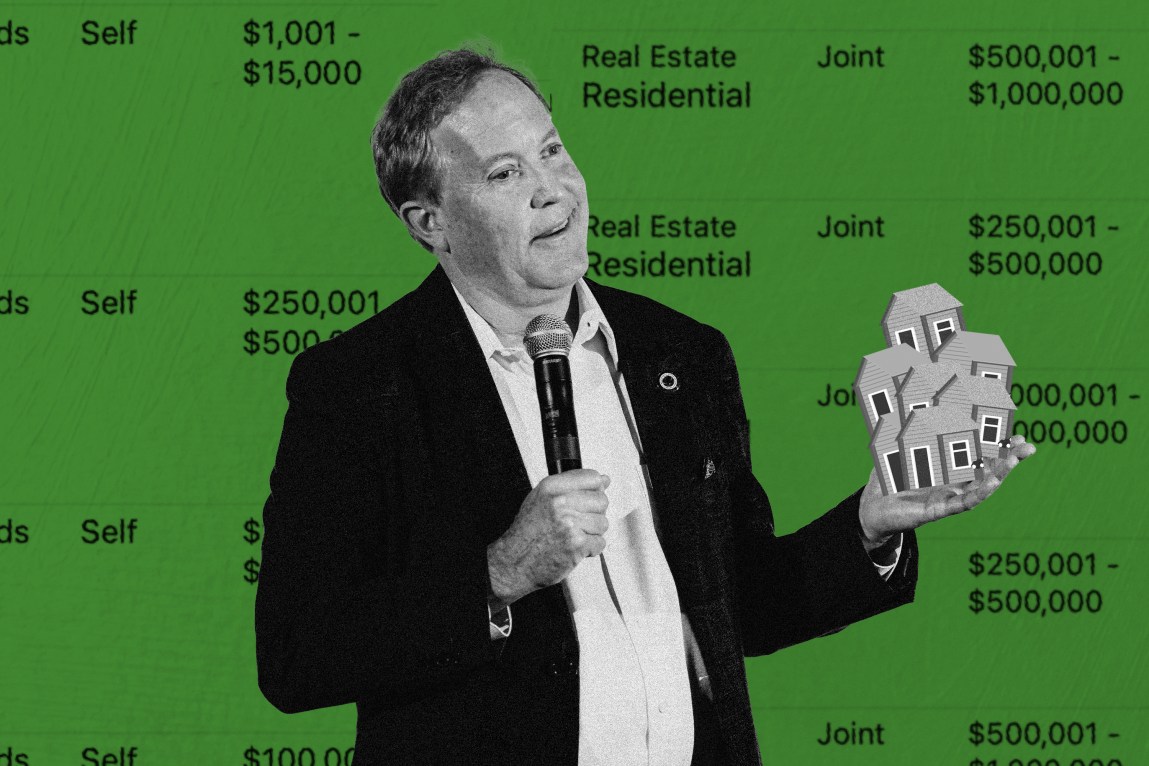 A black-and-white graphic of Texas Attorney General Ken Paxton holding miniature houses against a green background showing financial disclosures.